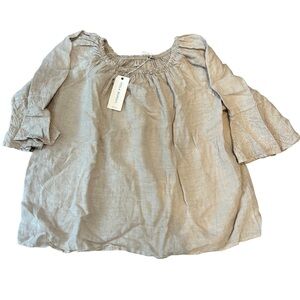 Viola Borghi Light Beige Pure Linen Peasant Blouse with Embroidered Sleeves